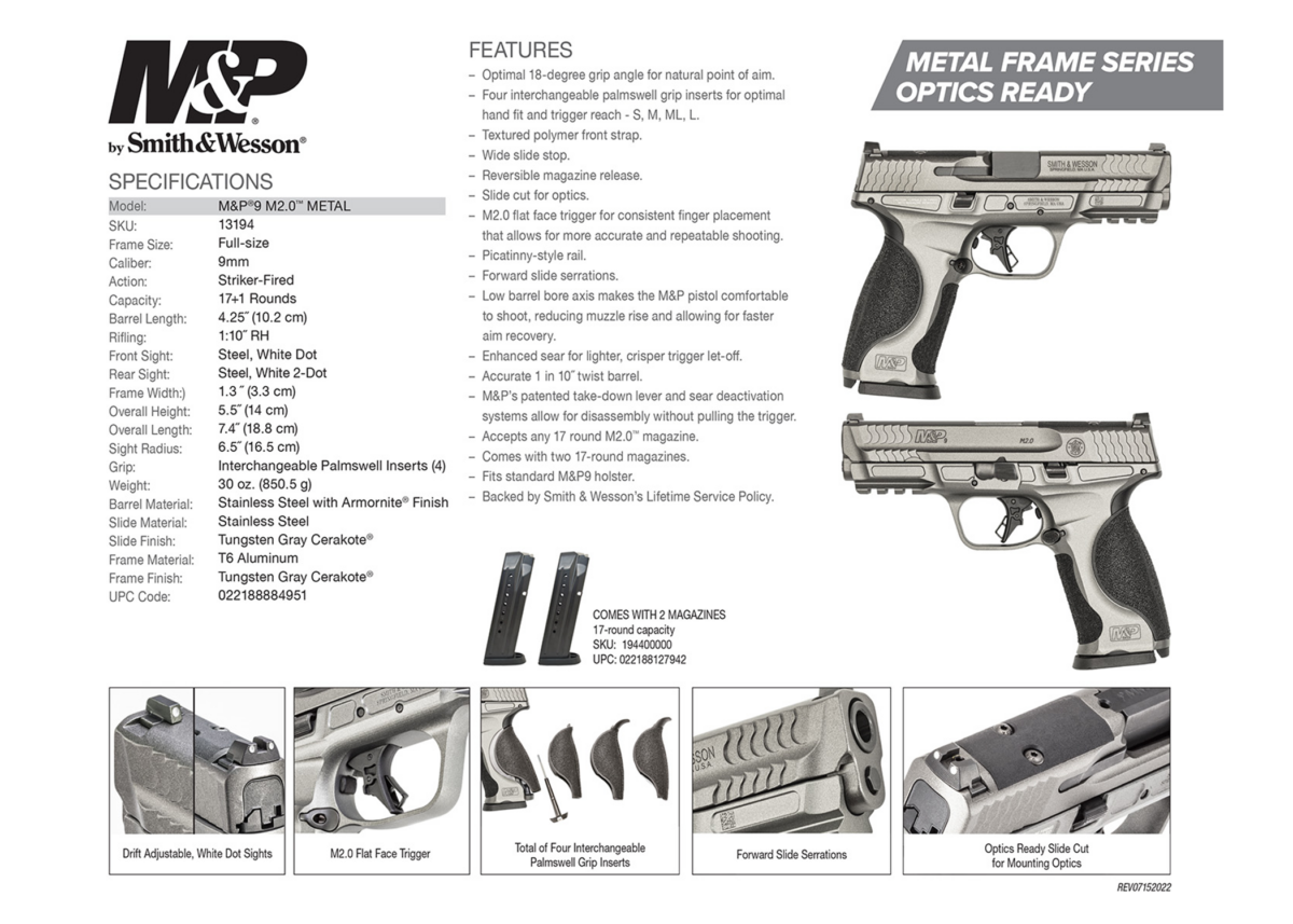 Smith & Wesson M&P M2.0 - TUNGSTEN GREY - 9MM Pistol - 13194