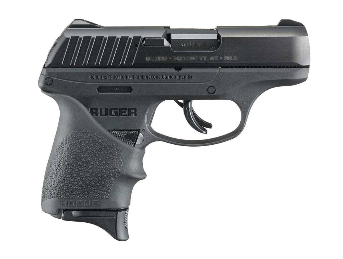 Ruger 13211 EC9s 9mm Luger Caliber with 3.50" Barrel, 7+1 Capacity, Black Finish Frame, Serrated Black Oxide Steel Slide & Hogue Beavertail Grip Sleeve Grip 1 129237