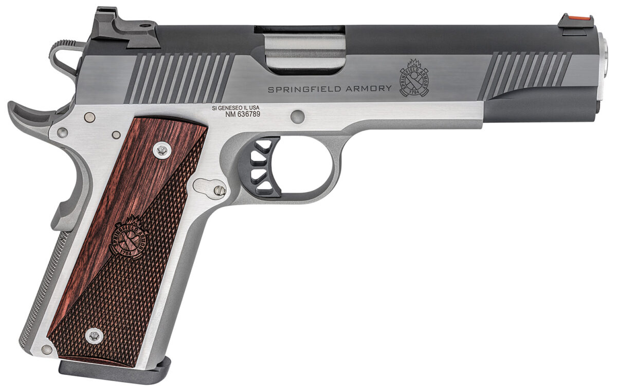 Springfield Armory PX9121L 1911 Ronin 10mm Auto 8+1, 5" Stainless Match Grade Steel Barrel, Blued Serrated Carbon Steel Slide, Stainless Steel Steel Frame w/Beavertail, Crossed Cannon Wood Grip 1 130960
