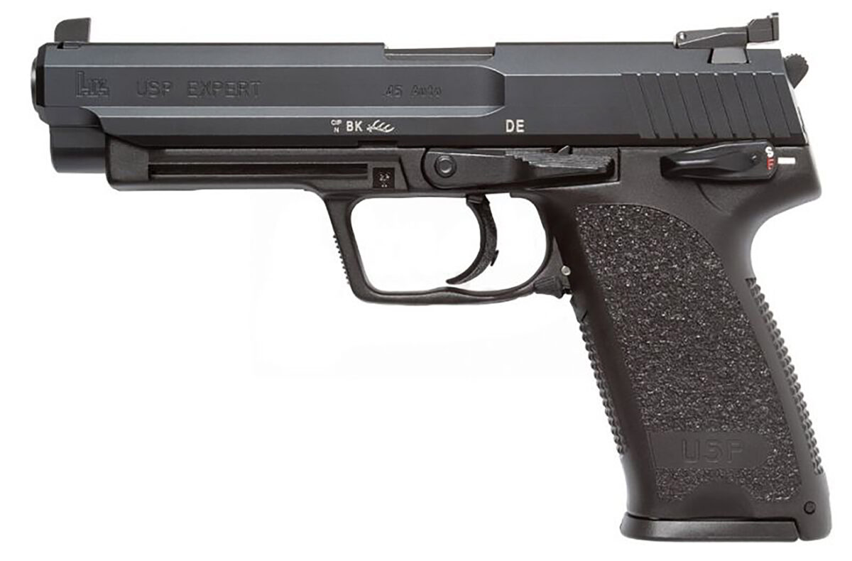 HK 81000364 USP Expert V1 SA/DA 45 ACP Caliber with 5.19" Barrel, 12+1 Capacity, Overall Black Finish, Serrated Trigger Guard Frame, Serrated Long Steel Slide & Polymer Grip Includes 2 Mags 1 138178