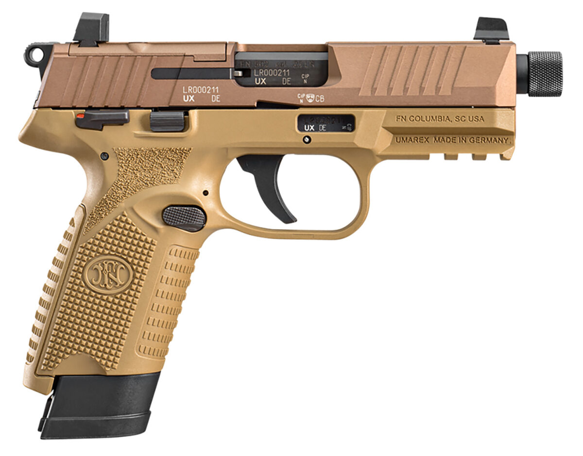 FN 66101006 502 Tactical 22 LR 10+1/15+1, 4.60" Black Steel Threaded Barrel, Flat Dark Earth Optic Ready/Serrated Slide & Polymer Frame w/Picatinny Rail, FDE Textured Polymer Grip, Ambidextrous 1 139622