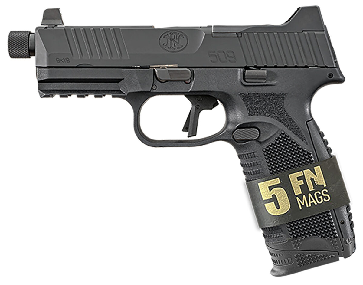 FN 66101650 509T Bundle Full Size Frame 9mm Luger 10+1 4.50" Black Steel Threaded Barrel, Black Optic Ready/Serrated Stainless Steel Slide, Black Polymer Frame w/Picatinny Rail 5 Magazines/Case 1 153547