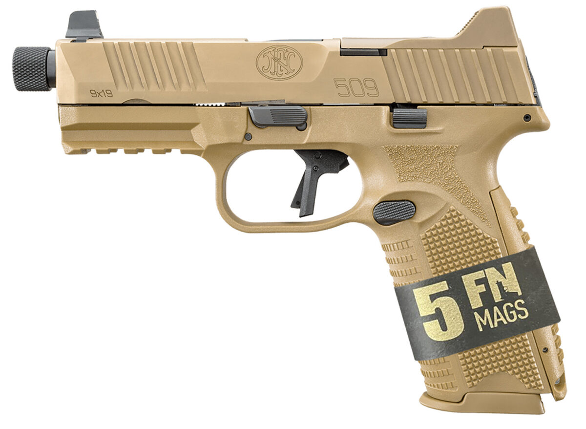 FN 66101652 509 Tactical Bundle 9mm Luger 10+1 4.50" Black Steel Threaded Barrel, Flat Dark Earth Optic Ready/Serrated SS Slide & Polymer Frame w/Picatinny Rail, Ambidextrous, 5 Magazines 1 153549