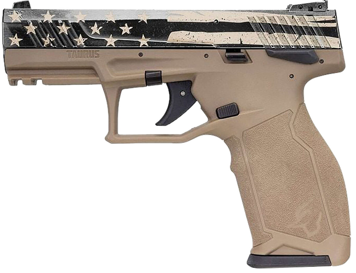 Taurus 1TX2214110USD TX22 Full Size Frame 22 LR 10+1 4.10" Black Steel Threaded Barrel, Black Distressed US Flag Cerakote Serrated Slide, FDE w/Black Controls Polymer Frame w/Picatinny Rail 1 154816