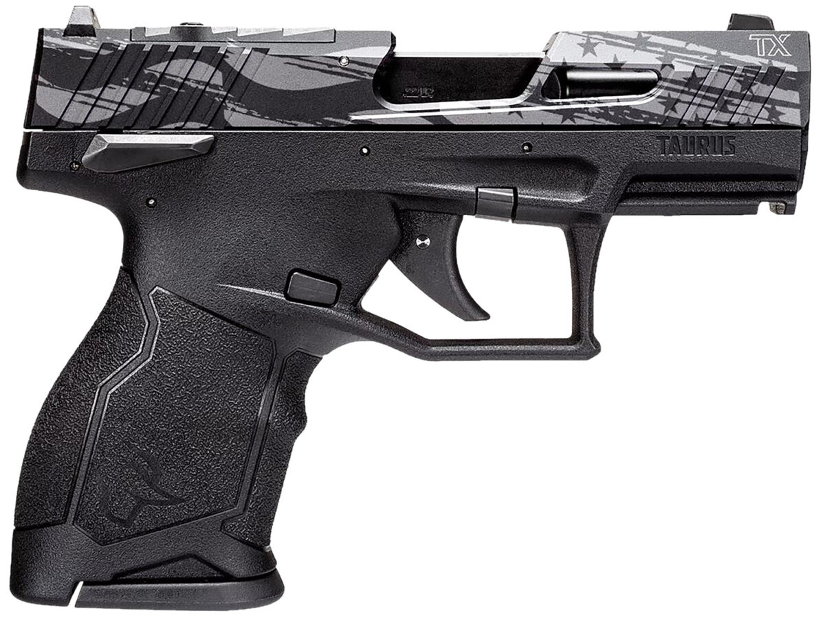 Taurus 1TX2213110US5 TX22C T.O.R.O. Compact Frame 22 LR 10+1 3.60" Matte Black Threaded Barrel, Engraved Distressed USA Flag Optic Ready/Serrated Slide, Black Polymer Frame 1 165286