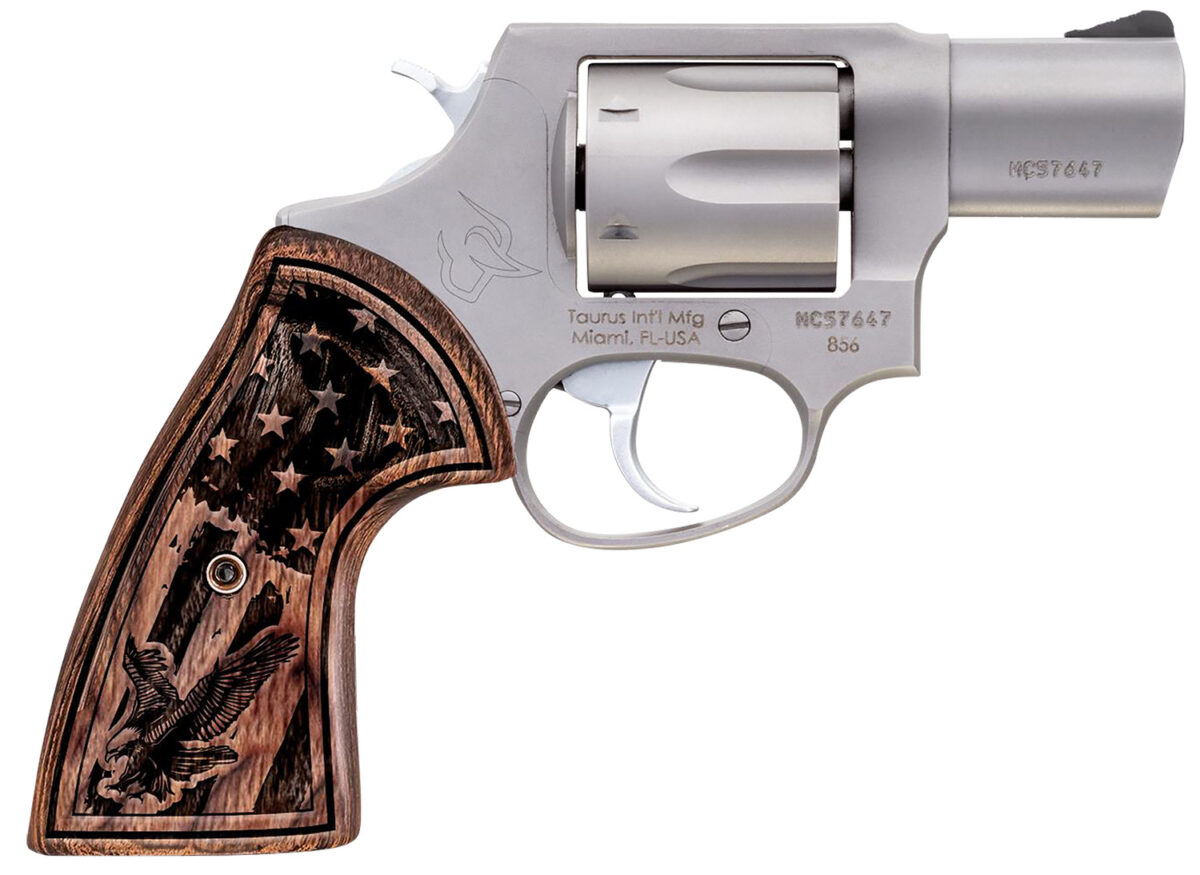 Taurus 285629US1 856 Small Frame 38 Special +P 6rd 2" Matte Stainless Steel Barrel, Cylinder & Frame, Engraved USA Flag Walnut Grip, Transfer Bar Safety 1 165295