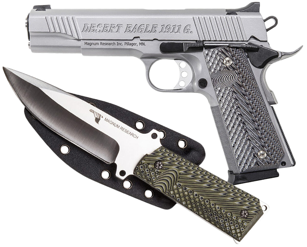 Magnum Research DE1911GSS-K Desert Eagle 1911 w/ 1911 Fixed Blade Knife 45 ACP 8+1 5.01" Stainless Steel Slide Matte Stainless Steel Black/Gray G10 Grip 1 169582