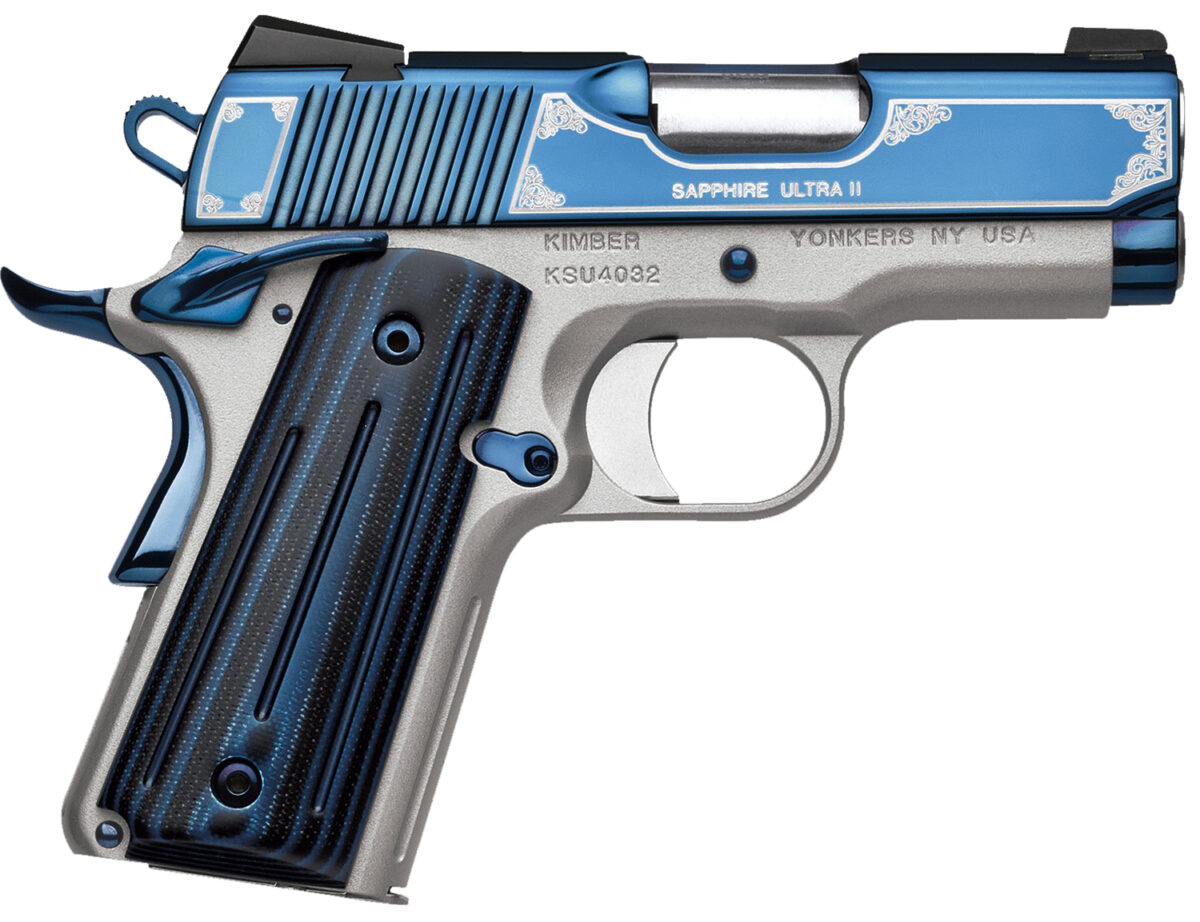 Kimber Mfg, Inc 3200273 Ultra II 9mm Luger 8+1 3" Stainless Match Grade Barrel, Engraved Sapphire Blue PVD Serrated Stainless Steel Slide, Satin Silver Aluminum Frame w/Beavertail, G10 Grip 1 170498