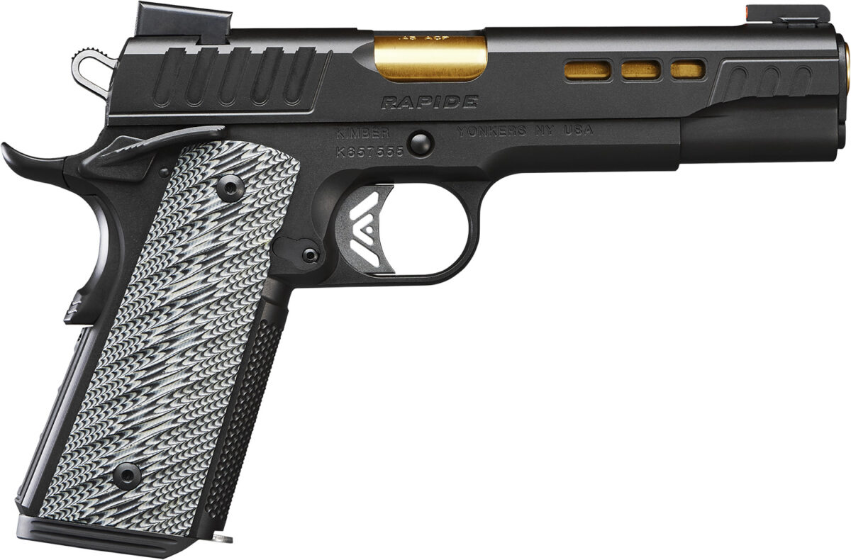 Kimber Mfg.,inc 3000383 Rapide 45 ACP 8+1 5" Gold TiN Steel Barrel, KimPro II Black Lightening Cut/Serrated Stainless Steel Slide, Kimpro II Black Steel Frame w/Beavertail, WavZ G10 Grip 1 170504