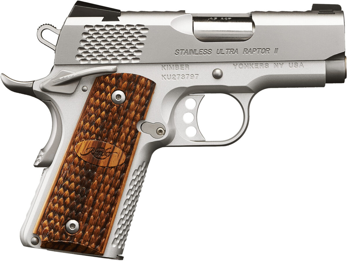 Kimber Mfg, Inc 3200375 Raptor II Ultra 45 ACP 7+1 3" Stainless Match Grade Barrel, Satin Silver Serrated Stainless Steel Slide, Matte Silver Aluminum Frame w/Beavertail, Zebrawood Grip 1 170533