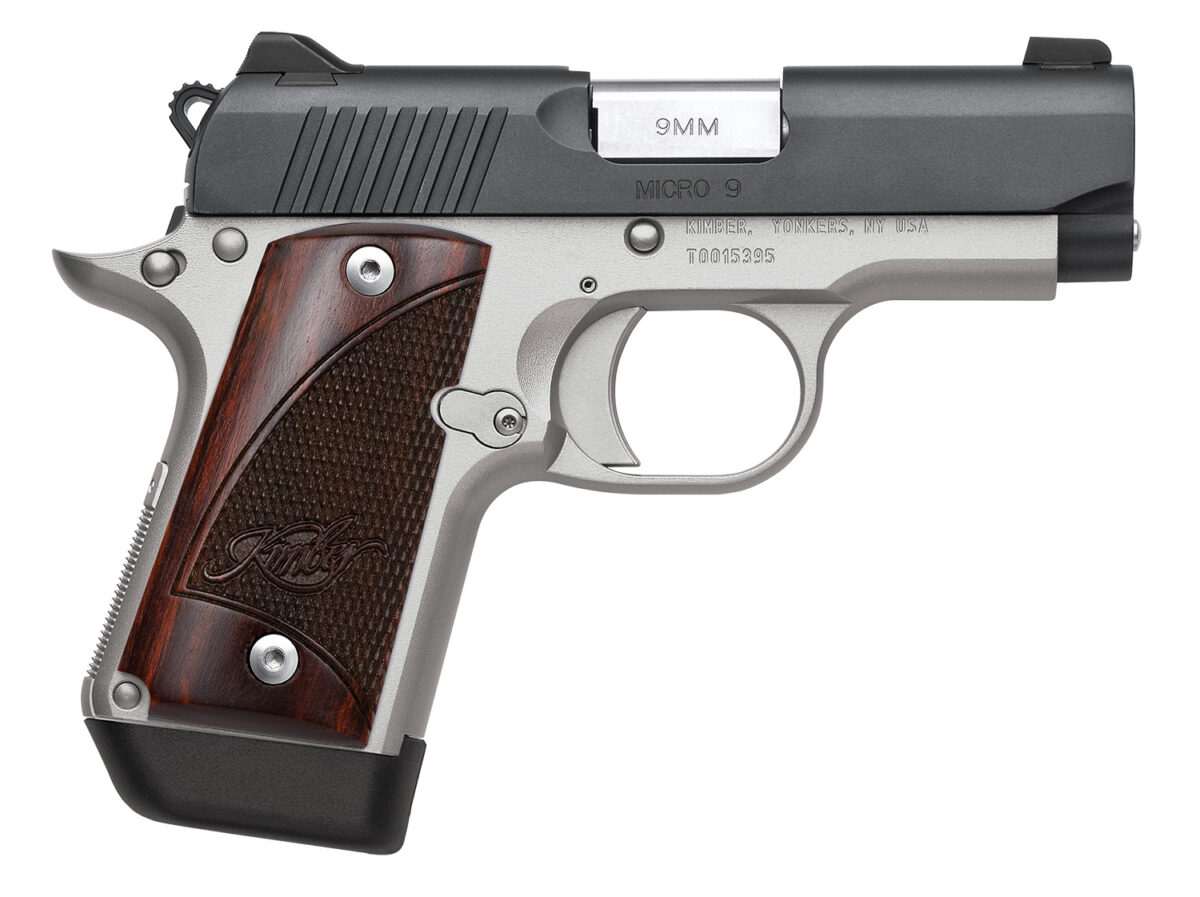 Kimber Mfg, Inc 3300099 Micro 9 Two-Tone Micro Frame 9mm Luger 7+1 3.15" Stainless Match Grade Barrel, Matte Black Serrated Steel Slide, Satin Silver Aluminum Frame w/Beavertail, Rosewood Grip 1 170623