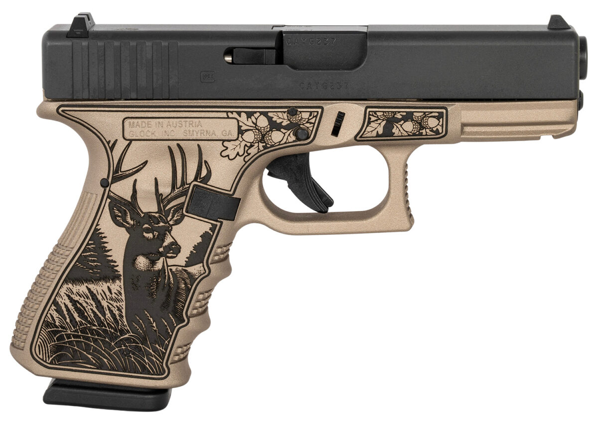 Glock PI1950204TRPHYBUCK G19 Gen3 Compact Frame 9mm Luger 15+1 4.02" Black Steel Barrel, Black Cerakote Serrated Steel Slide, Trophy Buck Cerakote Polymer Frame w/Picatinny Rail, Textured Polymer Grip 1 170973