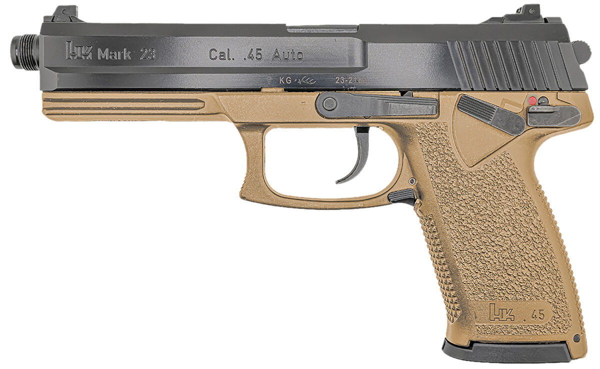 HK 81000869 Mark 23 45 ACP 10+1 5.87" Black Threaded Barrel, Black Cerakote Serrated Steel Slide, Flat Dark Earth Polymer Frame w/Accessory Rail, Textured Grip 1 174606