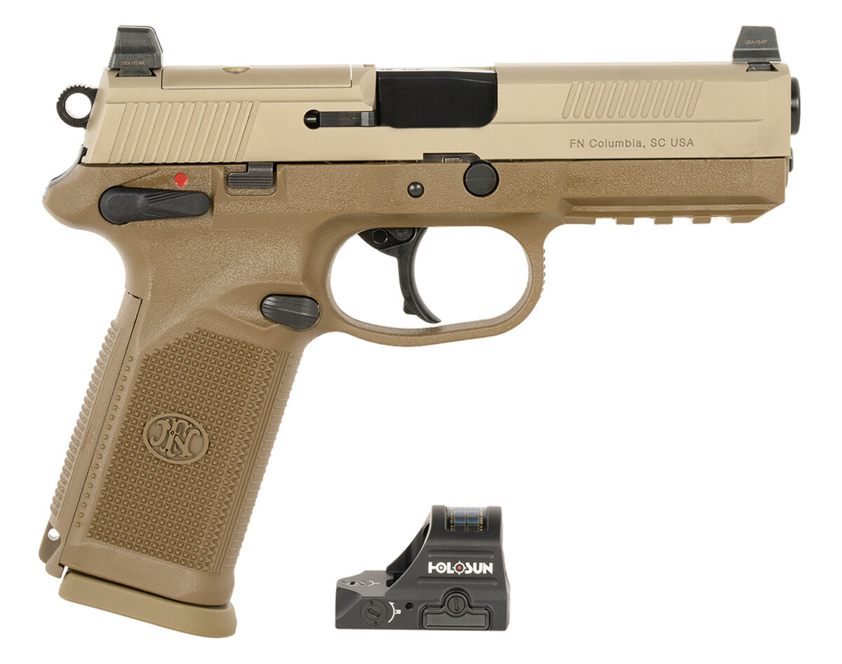 FN 66102272 FNX w/Optic 45 ACP 10rd 5.30" Black Steel Barrel, Flat Dark Earth Optic Ready/Serrated Stainless Steel Slide & Polymer Frame w/Picatinny Rail, Holosun 407C Red Dot, 5 Mags, Ambidextrous 1 174878