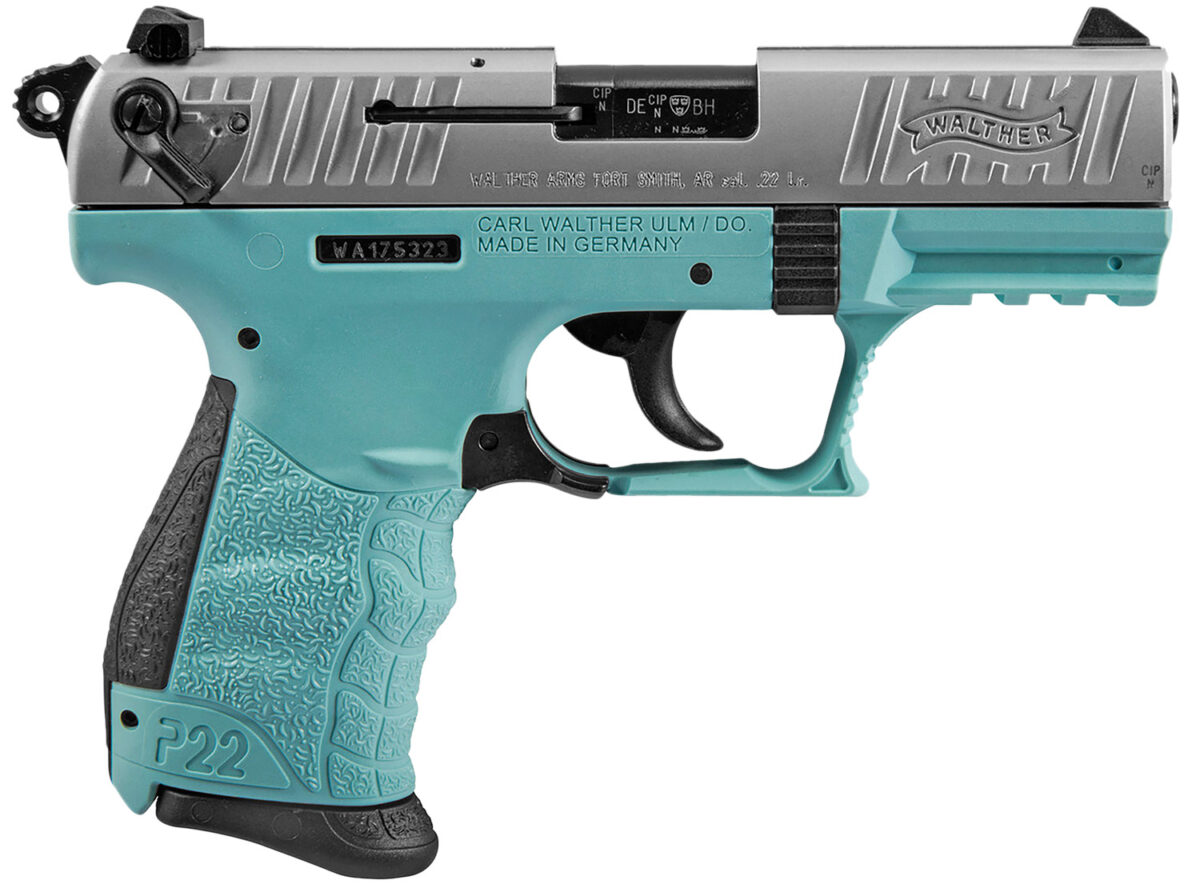 Walther Arms 5120362 P22 *CA Compliant 22 LR 10+1 3.42" Stainless Steel Serrated/Steel Slide, Angel Blue Polymer Frame w/Picatinny Rail, Black Interchangeable Backstrap Grips 1 23246
