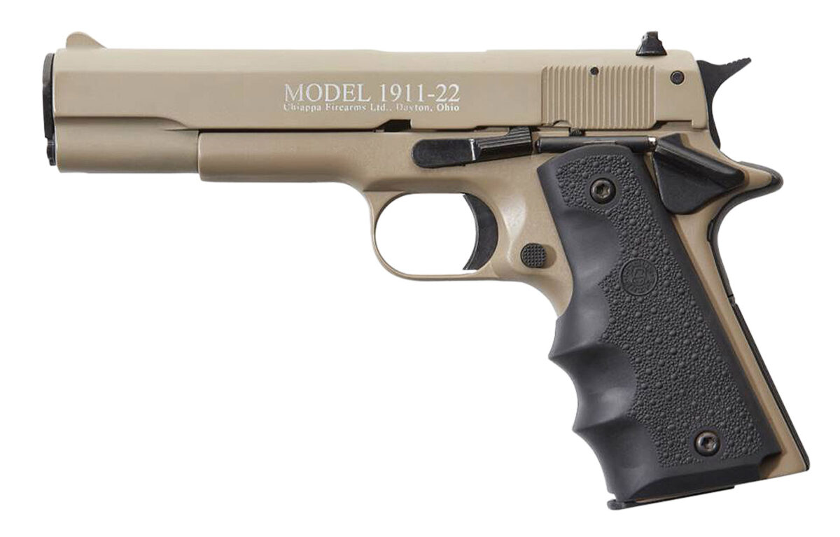 Chiappa Firearms 401120 1911-22 22 LR 10+1, 5" Black Steel Barrel, Tan Serrated Slide, Tan Aluminum Frame w/Beavertail, Black Hogue Rubber Finger Grooved Grip, Manual Thumb Safety, Right Hand 1 29858