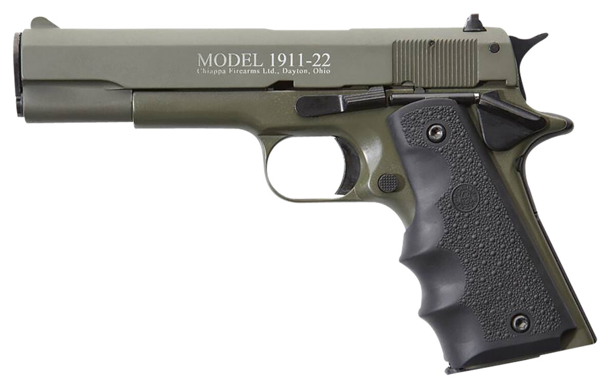 Chiappa Firearms 401121 1911-22 22 LR 10+1 5" OD Green Serrated Steel Slide & Beavertail Frame, Black Hogue Rubber w/Finger Grooves Grip 1 29859
