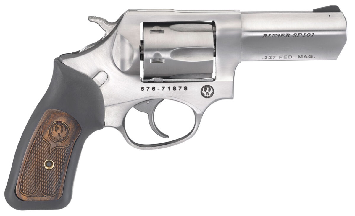 Ruger 5784 SP101 327 Federal Mag 3" Barrel 6rd Triple-Locking Cylinder, Satin Stainless Steel, Cushioned Rubber With Engraved Wood Insert Grip, Transfer Bar Safety 1 48935