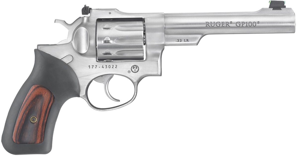 Ruger 1757 GP100 Medium Frame 22 LR 10rd 5.50" Satin Stainless Barrel, Frame & Cylinder, Black Rubber w/Wood Insert Grip, Transfer Bar Safety, Exposed Hammer 1 5099