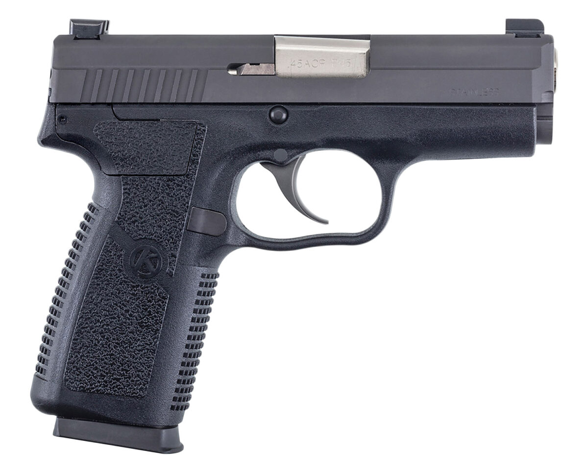 Kahr Arms KP4544N P *CA Compliant 45 ACP Caliber with 3.40" Barrel, 6+1 or 7+1 Capacity, Black Finish Frame, Serrated Matte Black Stainless Steel Slide, Textured Polymer Grip & TruGlo Night Sights 1 53159