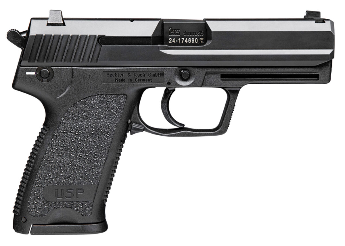 HK 81000310 USP V1 9mm Luger Caliber with 4.25" Barrel, 10+1 Capacity, Overall Black Finish, Serrated Trigger Guard Frame, Serrated Steel Slide, Polymer Grip & No Manual Safety Includes 3 Mags 1 83320