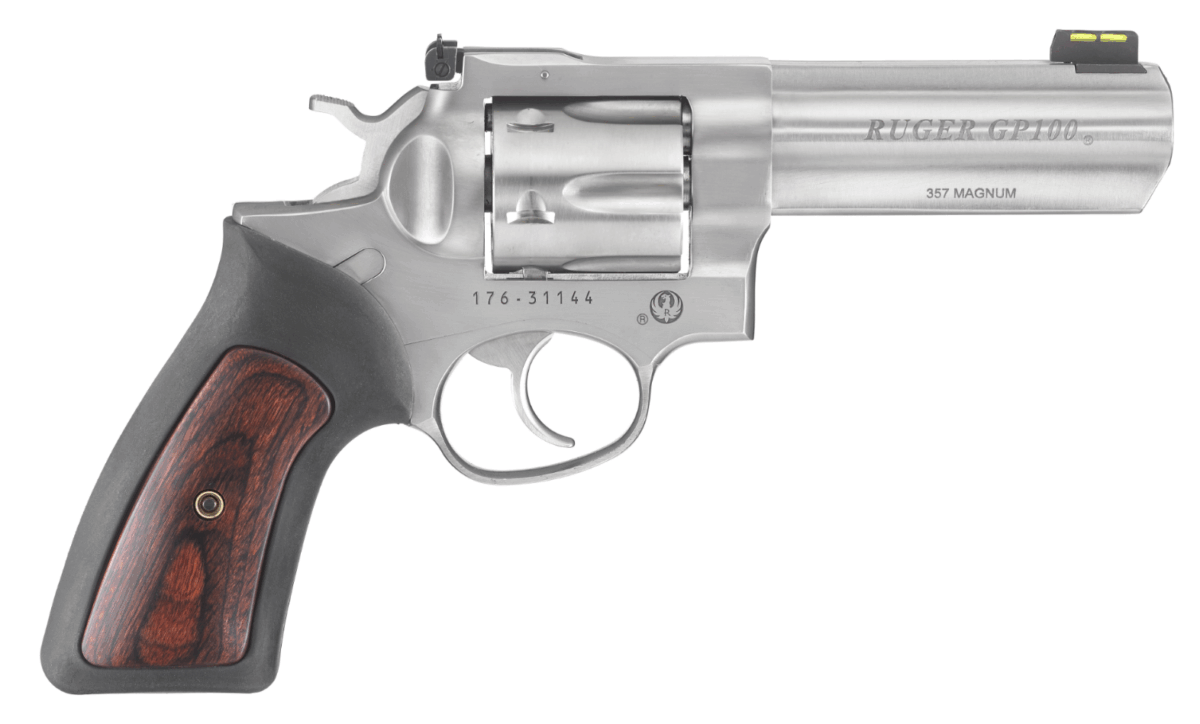 RUGER GP100 357MAG SS/RUB 4" HIVIZ 1 RU1762