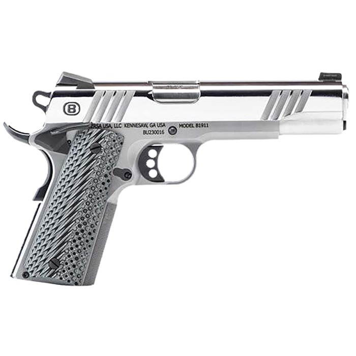 Bersa B1911 Pistol - Polished Stainless Slide | .45 ACP | 5" Barrel | 8rd | Brushed Stainless Frame | Gray Grips 1 b19117050pmbg 1