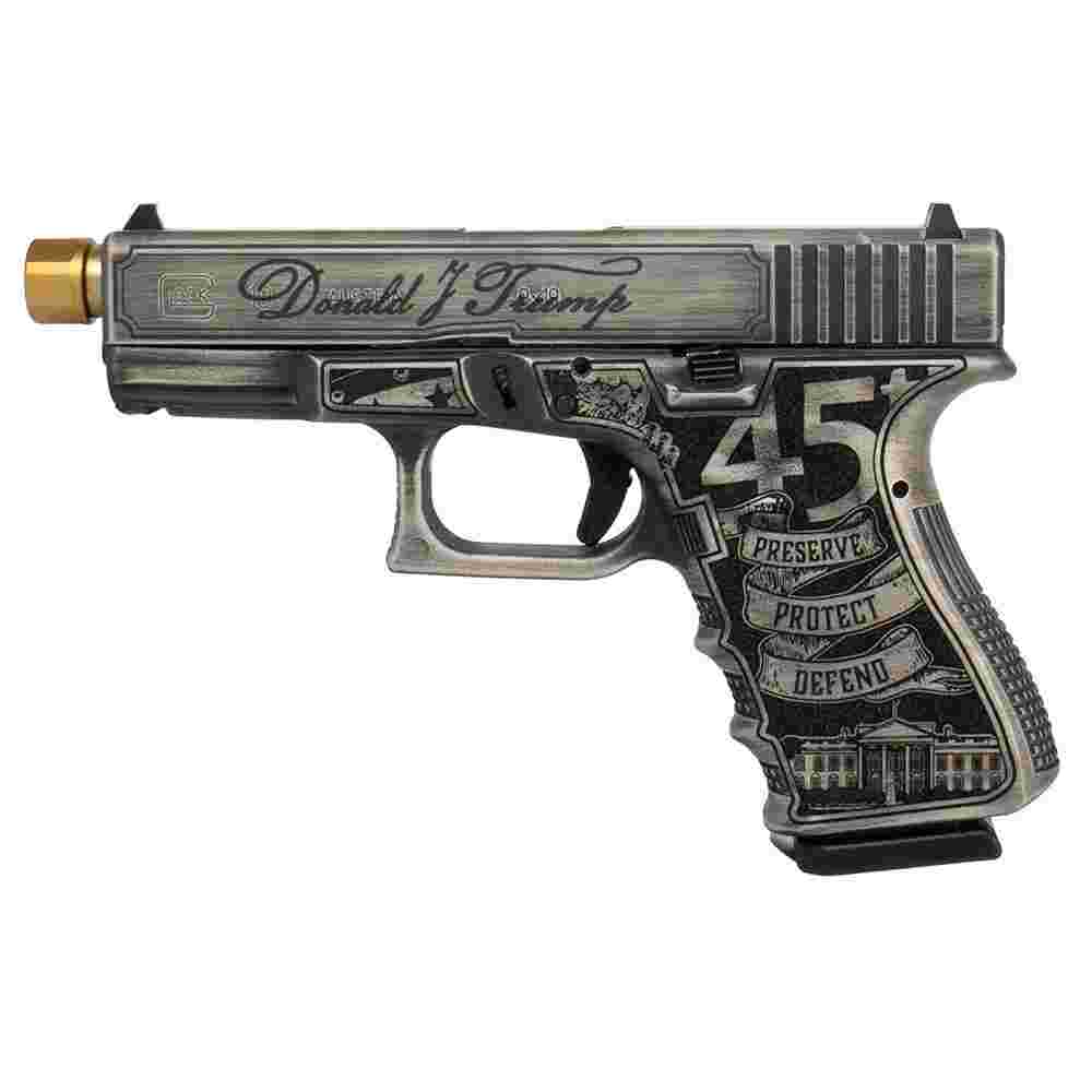 Glock 19 Gen 3 Custom "Trump 2024" Compact Handgun 9mm Luger 15rd Magazines (2) 4.6" Gold Barrel Crushed Silver Distressed Black USA 1 https3A2F2Fmedia.chattanoogashooting.com2Fimages2Fproduct2FGLUI1950203T24GB2FGLUI1950203T24G
