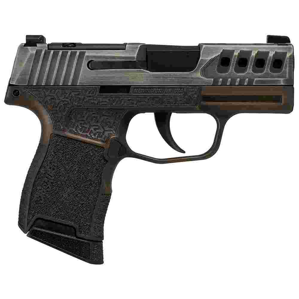 Sig Sauer P365 "Gold Bug" Handgun 9mm luger 10rd Magazines(2) 3.1" Black Barrel Tactical Cut Distressed Grey Slide/Brown Grip Octagon Stippling 1 https3A2F2Fmedia.chattanoogashooting.com2Fimages2Fproduct2FXI681228GB3652FGoldBugP365BB R