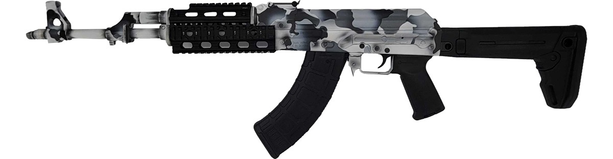 Zastava ZPAPM70 AK-47 Rifle - White Camouflage Cerakote | 7.62x39 | 16.3" Chrome Lined Barrel | Quad Rail | Zhukov-S Folding Stock 1 zr7762csw l