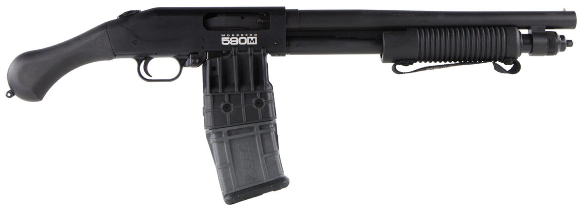 Mossberg 50208 590M Shockwave 12 Gauge Pump 2.75" 10+1 15" Matte Blued Heavy-Walled Barrel, Blued Stainless Steel Drilled & Tapped Receiver, Black Raptor Birdshead Grip 1 105678