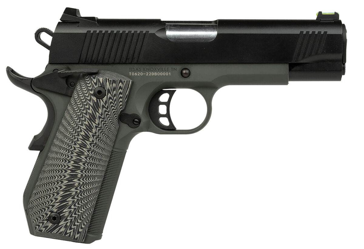 Tisas 10100802 1911 Yukon Full Size 10mm Auto 10+1 4.25" Stainless Steel Barrel, Black Cerakote Serrated Slide, Dark Gray Cerakote Steel Frame w/LPI Checkering & Beavertail, Black Sunburst G10 Grips 1 152715
