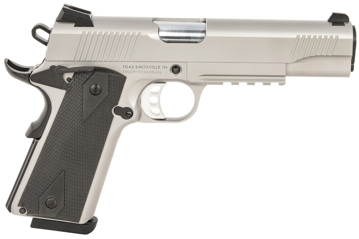 Tisas 10100533 1911 Duty 45 ACP 8+1 5" Black Steel Barrel, Stainless Serrated Slide, Satin Stainless Steel Frame w/Accessory Rail & Beavertail, Ambidextrous 1 152723