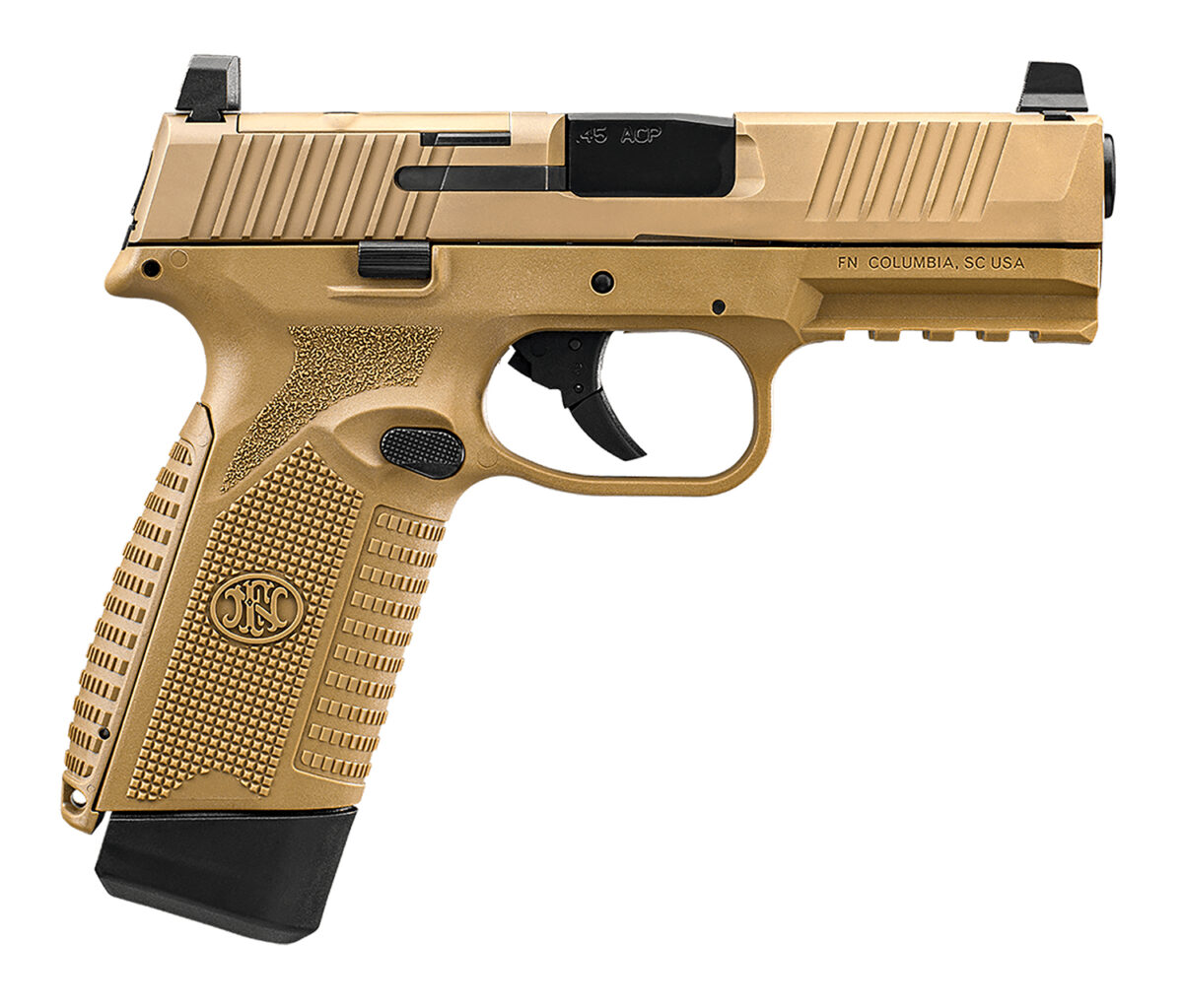 FN 66101388 545 MRD Full Size 45 ACP 15+1, 4.10" Black Target Crown Steel Barrel, Flat Dark Earth PVD Optic Cut/Serrated Steel Slide & Polymer Frame w/Picatinny Rail, Ambidextrous 1 158112