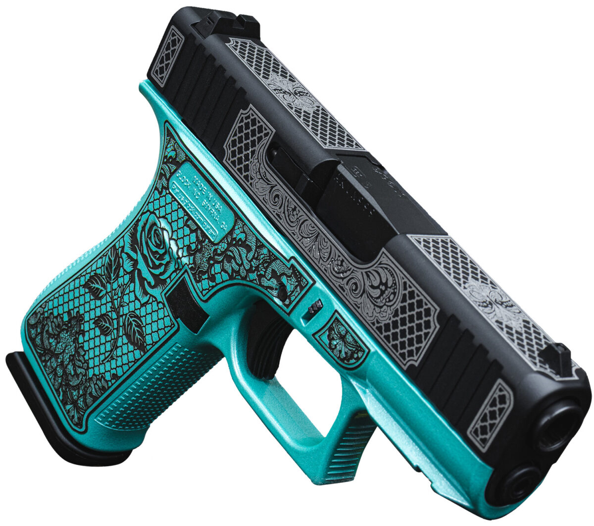 Glock UX4350204FRGLTB G43X Sub-Compact Frame 9mm 10+1 3.41" Black GMB Barrel Black w/White Scroll Cerakote Serrated Steel Slide, Tiffany Blue Lace w/Rose Cerakote Polymer Frame & Grip 1 179180