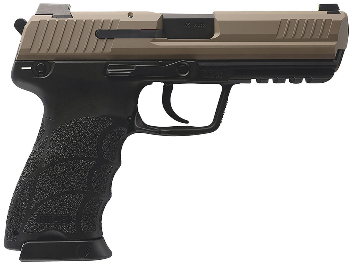 HK 81001208 HK45 V1 45 ACP 10+1 4.46" Black Polygonal Rifled Barrel, Flat Dark Earth Cerakote Serrated Steel Slide, Flat Dark Earth Polymer Frame w/Picatinny Rail, Ambidextrous 1 180686