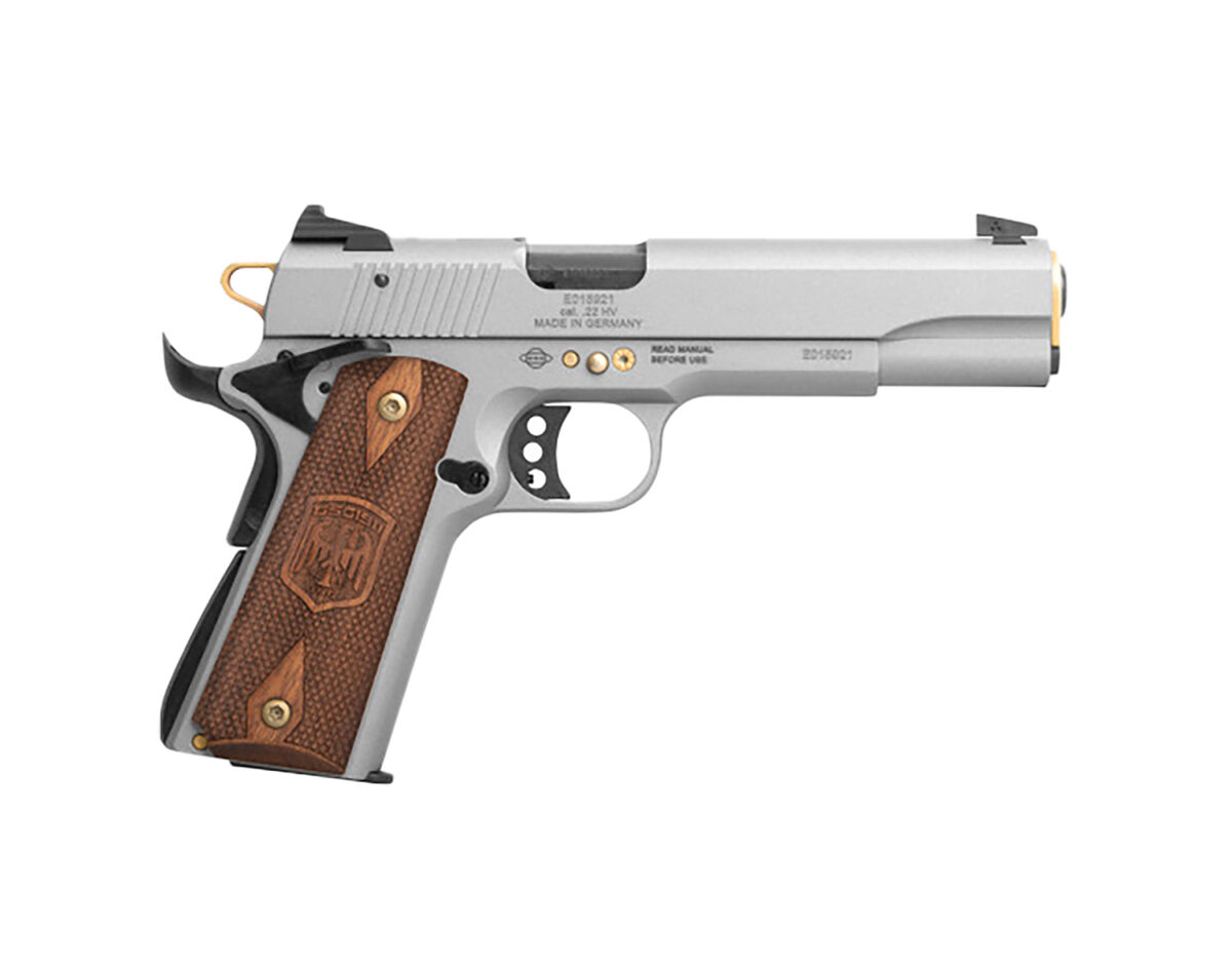 ATI GSG2210M1911AN15 GSG 1911 15 Year Anniversary Edition Full Size Frame 22 LR 10+1 5" Black Threaded Barrel, Frost Gray Serrated Slide, Frost Gray w/Gold Accents Zinc Alloy Frame, Light Wood Grip 1 182630