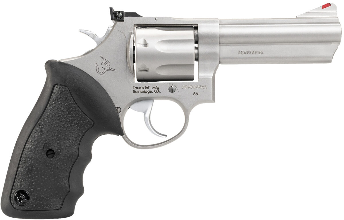 Taurus 2660049 66 38 Special +P/357 Mag 7 Shot 4" Barrel, Overall Matte Stainless Steel, Black Finger Grooved Rubber Grip 1 31325