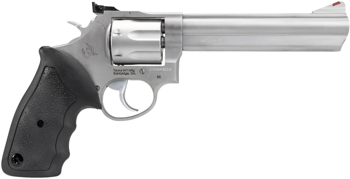 Taurus 2660069 66 38 Special +P or 357 Mag 7 Shot 6" Barrel, Overall Matte Finish Stainless Steel, Finger Grooved Black Rubber Grip, Adjustable Rear Sight 1 31326