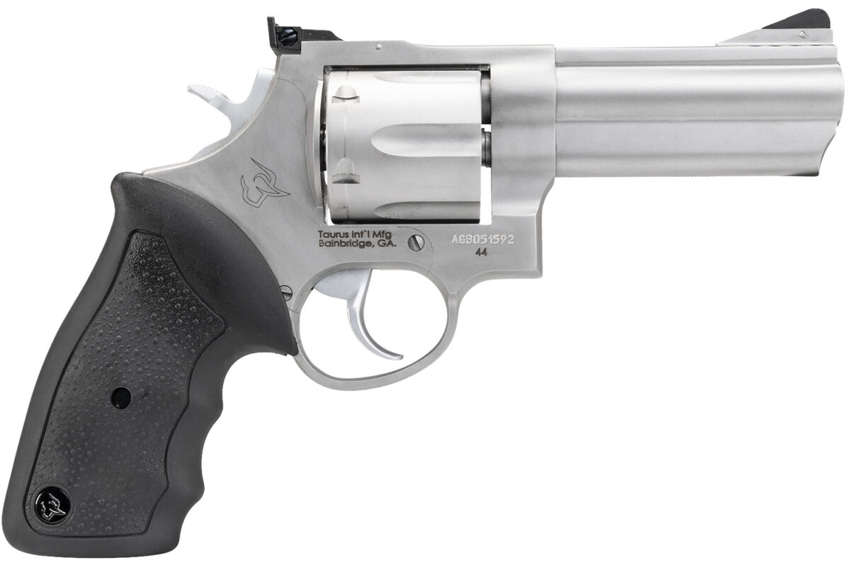 Taurus 2440049 44 Large Frame 44 Rem Mag 6rd 4" Matte Stainless Steel Ported Barrel, Matte Stainless Cylinder & Frame, Black Finger Groove Rubber Grip Transfer Bar Safety Exposed Hammer 1 31506