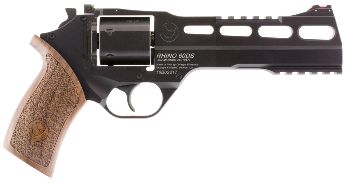 Chiappa Firearms 340221 Rhino 60DS Small Frame 357 Mag 6 Shot, 6" Black Anodized Steel Vent Rib Barrel, Blued Steel Cylinder, Black Anodized Aluminum Frame, Walnut Grip, Concealed Hammer 1 5643