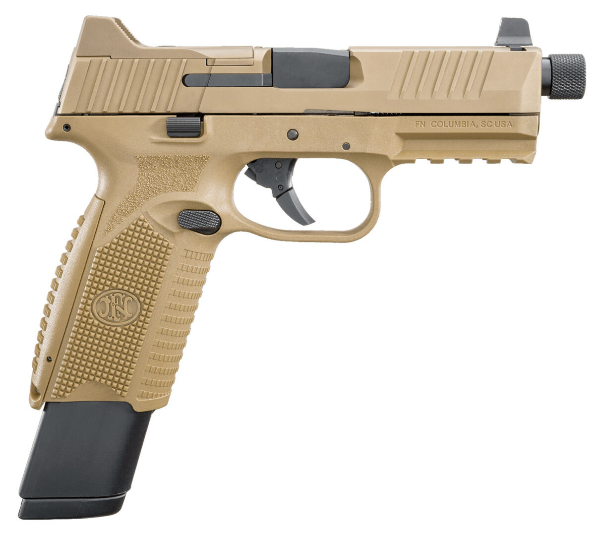 FN 66100373 509T 9mm Luger 17+1/24+1 4.50" Black Steel Threaded Barrel, Flat Dark Earth Optic Cut/Serrated Stainless Steel Slide, Flat Dark Earth Polymer Frame w/Picatinny Rail 1 104366