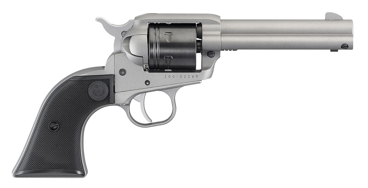 Ruger 2003 Wrangler 22 LR 6 Shot 4.62" Silver Cerakote, Silver Cerkoate Aluminum Frame & Cylinder Black Checkered Polymer Grips 1 113148