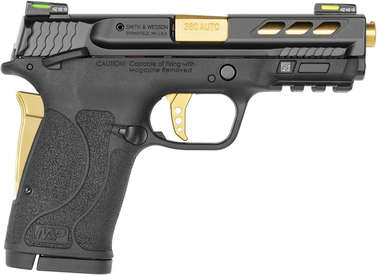 Smith & Wesson 12719 Performance Center M&P Shield EZ M2.0 380 ACP 3.80" 8+1 Black Black Armornite Stainless Steel Slide Black Polymer Grip Gold Colored Accents 1 113257