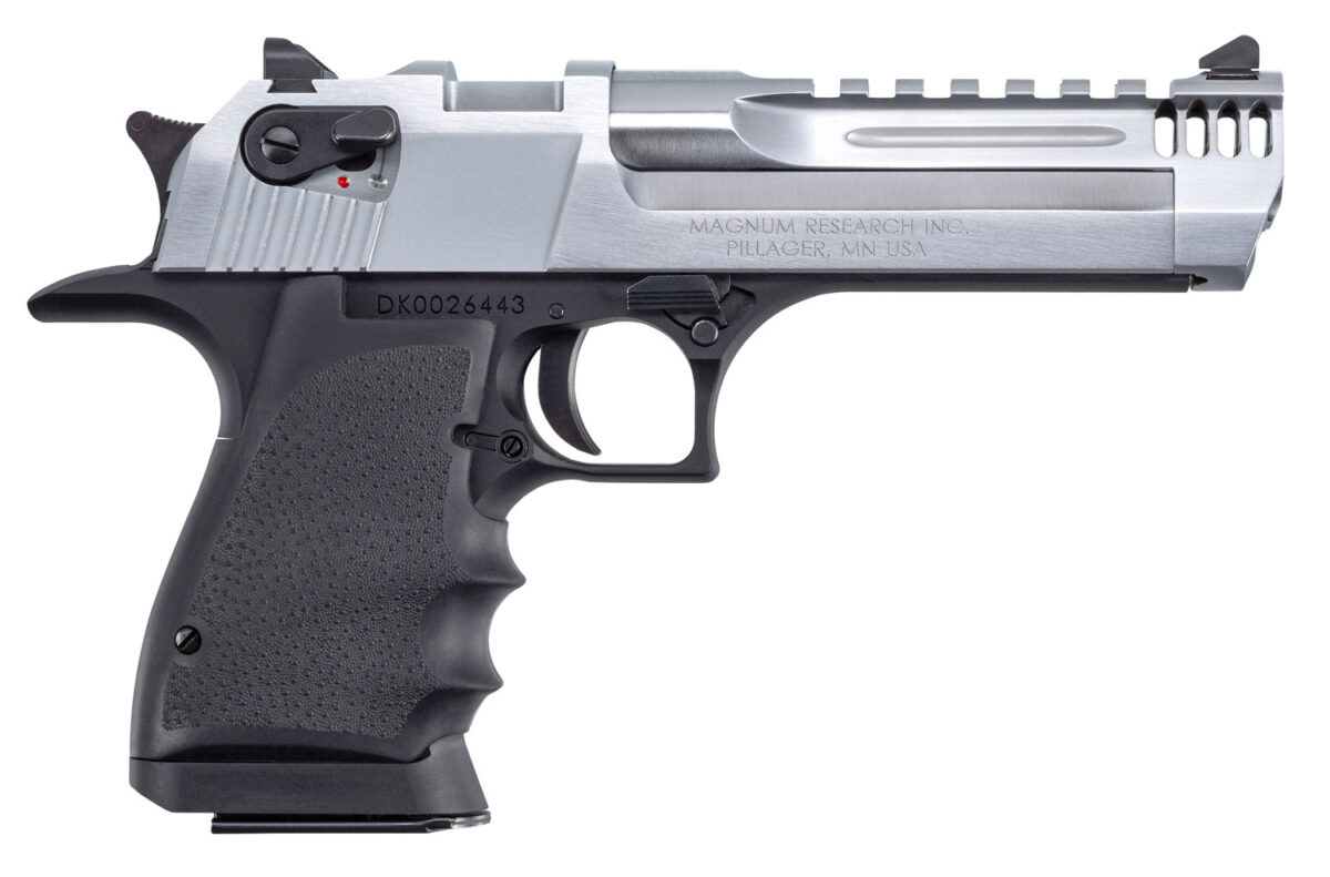 Magnum Research DE50L5BC Desert Eagle L5 50 AE 5" with Muzzle Brake 7+1 Black Hardcoat Anodized Aluminum Frame Brushed Chrome Carbon Steel Slide Black Hogue Wraparound Rubber Grip 1 113392