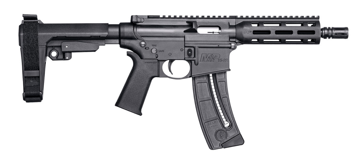Smith & Wesson 13321 M&P15 Pistol 22 LR 8" Black Carbon Steel Barrel 25+1, Black SB Tactical SBA3 Adjustable Arm Brace Stock, Black Magpul MOE Grip, Manual Safety, Optics Ready 1 132139
