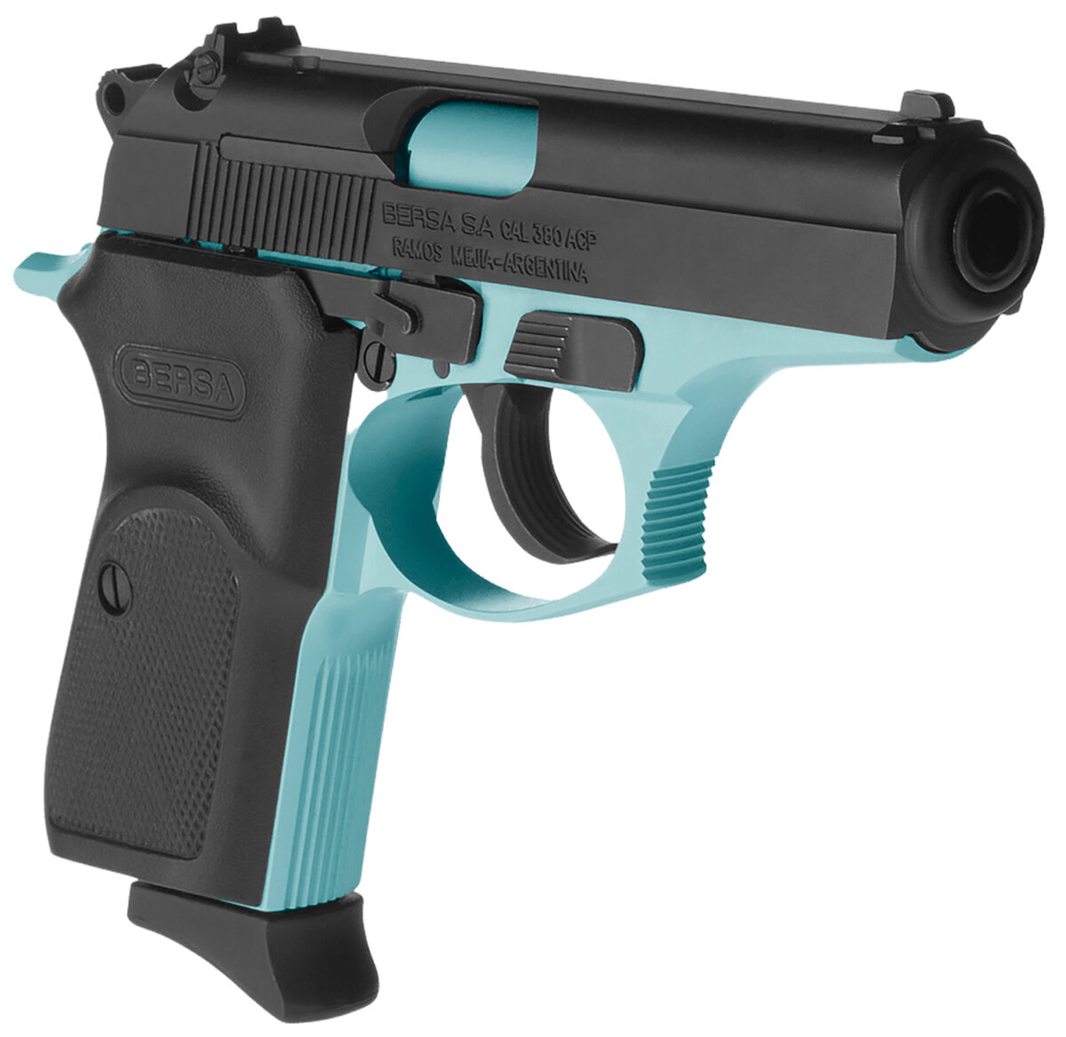Bersa T380BLM8 Thunder Micro-Compact Frame 380 ACP 8+1, 3.50" Robin Egg Blue Cerakote Steel Barrel, Matte Black Serrated Steel Slide, Robin Egg Blue Cerakote Aluminum Frame 1 139421