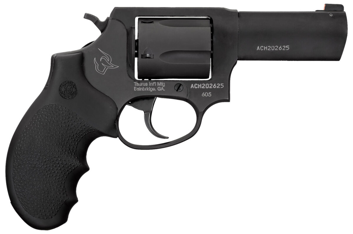 Taurus 260531NS 605 SA/DA 38 Speical +P or 357 Mag 5 Shot 3" Barrel, Overall Matte Black Finish Stainless Steel, Finger Grooved Black Hogue Rubber Grip, Night Front Sight 1 142151
