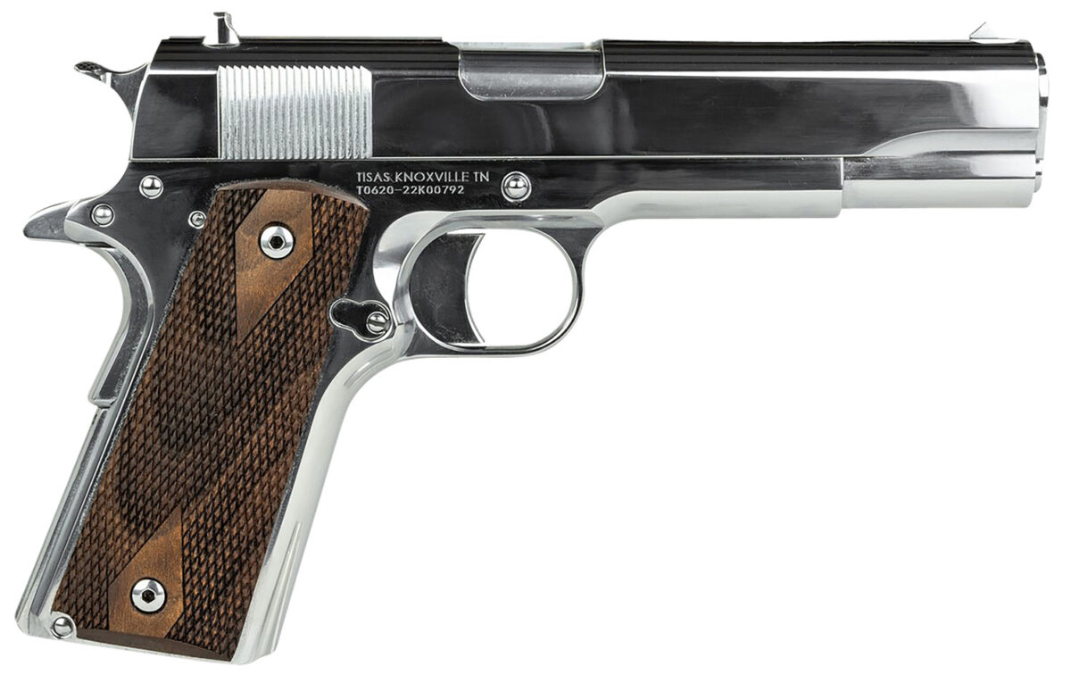 Tisas 10100513 1911 Regulator Full Size Frame 9mm Luger/38 Super 9+1 5" Stainless Steel Barrel, Polished Chrome Steel Serrated Slide, Chrome High Polished Steel Frame w/Beavertail, Turkish Walnut Grip 1 152726