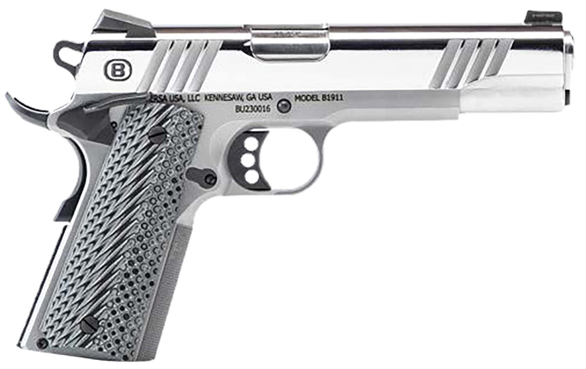 Bersa B19117050PMBG B1911 Mirror Full Size Frame 45 ACP 8+1 5" Stainless Steel Barrel, Polished Stainless Serrated Steel Slide, Stainless Steel Frame w/Beavertail, Gray VZ Grip, Ambidextrous 1 163336